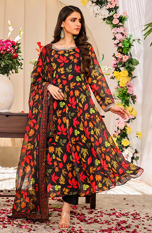 Nazmina Casual Chiffon Stitched 3 Piece Suit - Feuille dAutomne FRT-102 - NAZ25REB - Black - Festive Collection