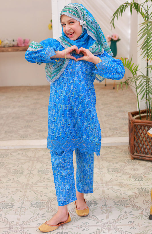 Suntex Fabric Embroidered Lawn Stitched 3 Piece Suit - SH-2540K - SS25EEFE - Blue - Girls Eid Collection