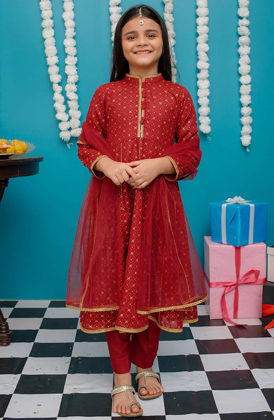Modest Toddlers 3 Piece Frock - 9280 - MOD25EKK - Red - Festive Collection