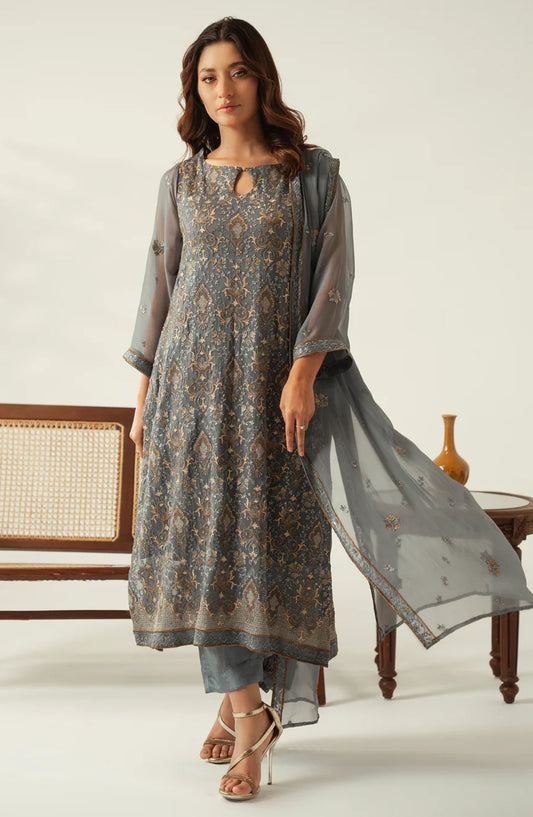 Diva by Zouj Embroidered Chiffon Unstitched 3 Piece Suit - Silver Charm - ZJ25DFL - Grey - Festive Collection