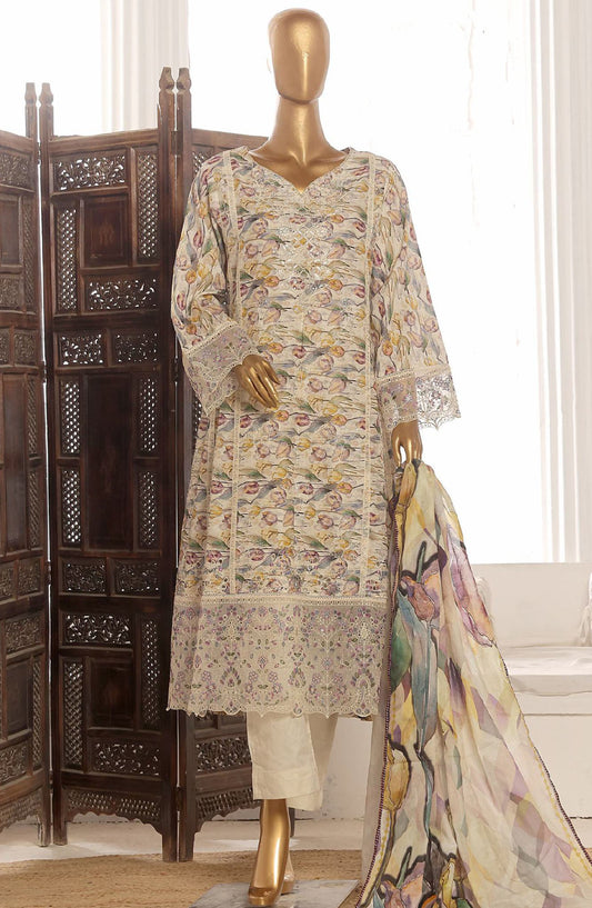 Bin Saeed Embroidered Lawn Stitched 3 Piece Frock - SM-781 - BS25LFV2 - Beige - Summer Collection