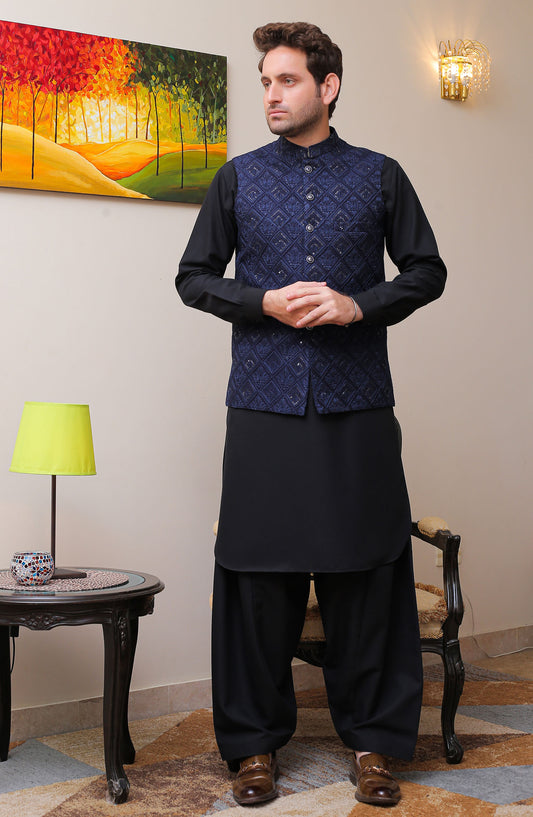 Real Image Mens Waist Coat - Navy Blue - Raw Silk - RL25MWC - OW 8