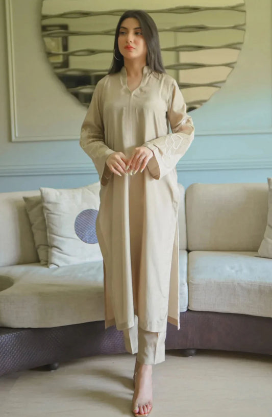 Zauk Rawsilk Stitched 2 Piece Suit - Stardust - ZK25FC - Beige - Festive Collection