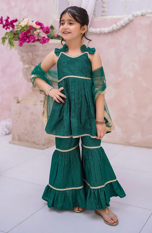 3 Piece Green Embroidered Lawn Gharara - 10890-Grn - MOD26MT - Festive Collection