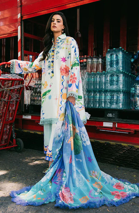 Hemline by Mushq Embroidered Lawn Unstitched 3 Piece Suit - Flaming Roses - MQ25LDHP - White - Summer Collection