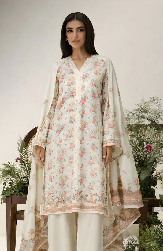 Ayla Printed Lawn Jacquard Stitched 3 Piece Suit - Gul-e-Narma - AY26ED - Cream - Eid Collection