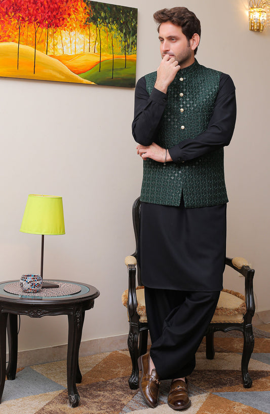 Real Image Mens Waist Coat - Drk Green - Raw Silk - RL25MWC - OW 9