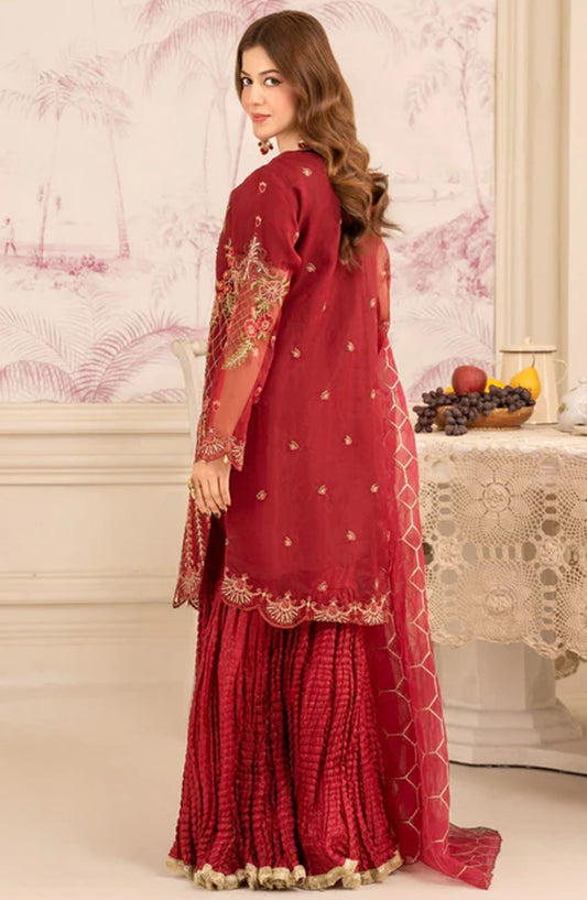 Abrish By Diara Couture Embroidered Organza Stitched 3 Piece Suit - US-419 Mishal - DC25AB - Maroon - Formal Collection