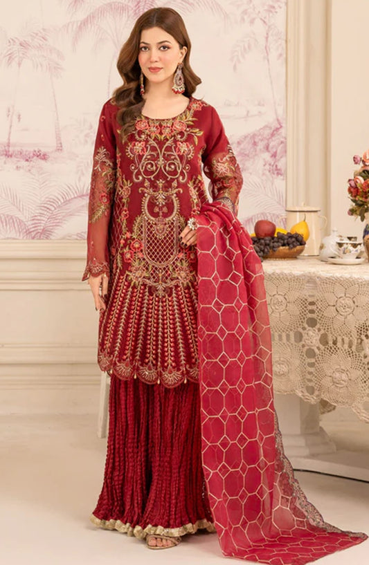 Abrish By Diara Couture Embroidered Organza Stitched 3 Piece Suit - US-419 Mishal - DC25AB - Maroon - Formal Collection
