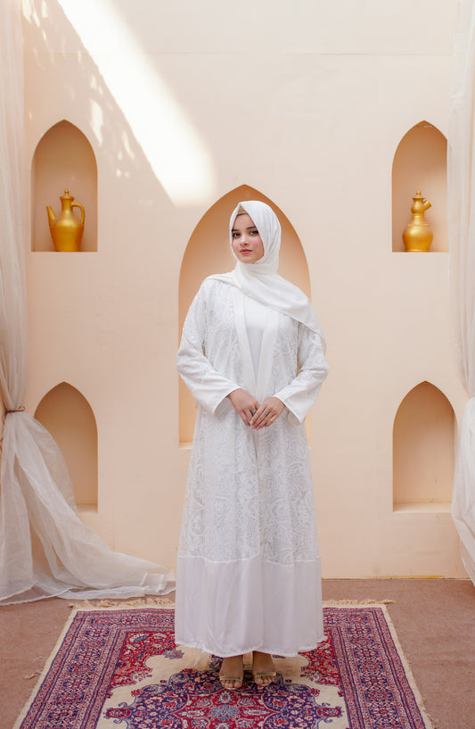 La Khilaba Luxury Wear Printed Premium Quality Sequin Net - White Sequin Open Abaya - LKH25LWR - Abaya Collection