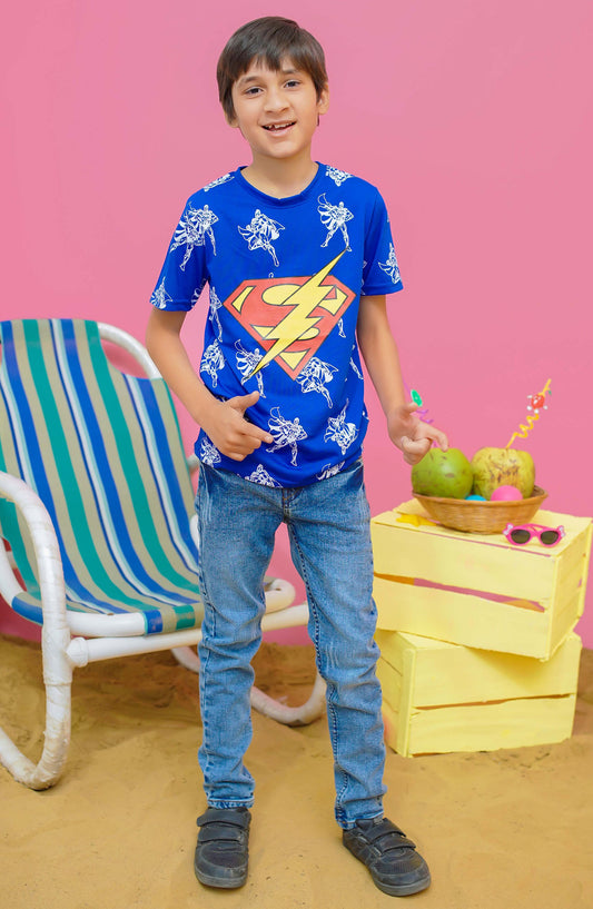 Modest Casual Jersey Stitched T-Shirt - BS2404-Blu Superman Graphic Tee - Blue - MOD25STS - Blue - Casual Collection