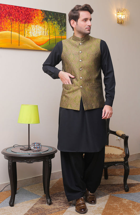 Real Image Mens Waist Coat - Green Brown - Jamawar - RL25MWC - OWP 10