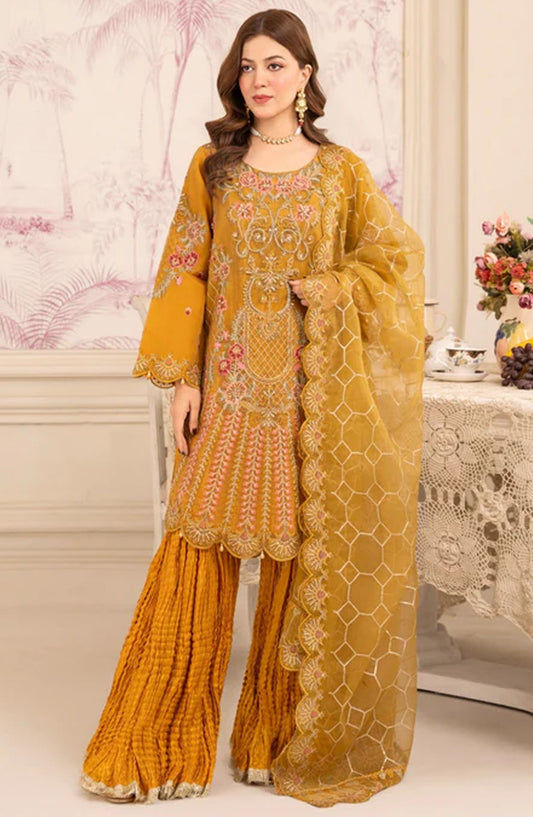 Abrish By Diara Couture Embroidered Organza Stitched 3 Piece Suit - US-419 Mishal - DC25AB - Mustard - Formal Collection