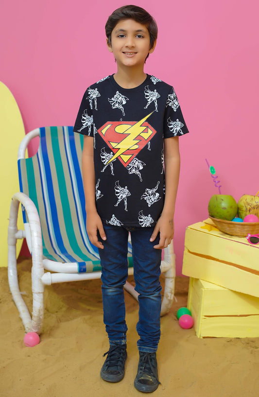 Modest Casual Jersey Stitched T-Shirt - BS2404-Blk Superman Graphic Tee - MOD25STS - Black - Casual Collection