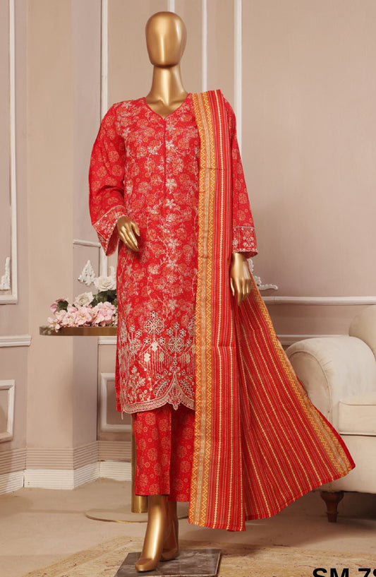 Bin Saeed Embroidered Lawn Stitched 3 Piece Suit - SM-789 - BS25EL3PCV5 - Red - Summer Collection