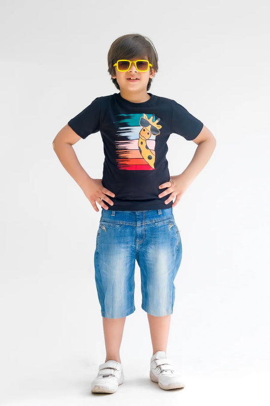 Charming Giraffe - Half Sleeves T-Shirts For Kids - Black