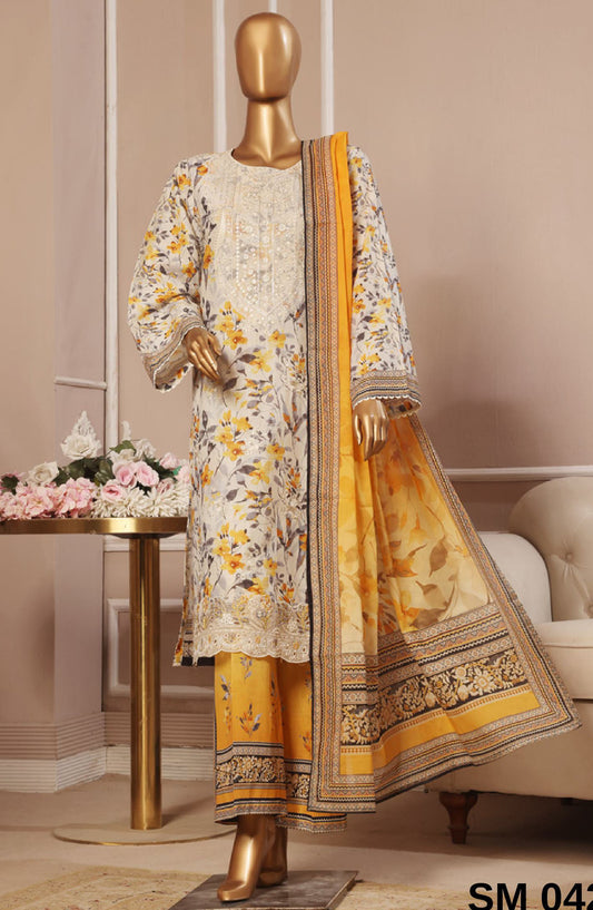 Bin Saeed Embroidered Lawn Stitched 3 Piece Suit - SM-042 - BS25EL3PCV5 - White - Summer Collection