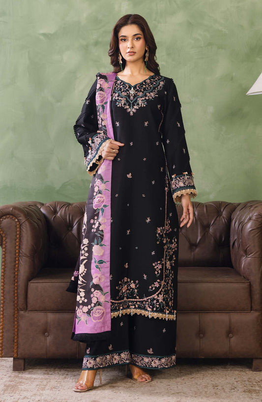 Peridot Embroidered Cotray Unstitched 3 Piece Suit - 592-B - PT26WT - Black - Winter Collection