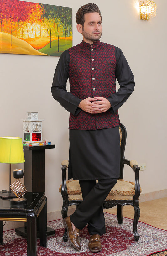 Real Image Mens Waist Coat - Blk Maroon - Raw Silk - RL25MWC - OW 14