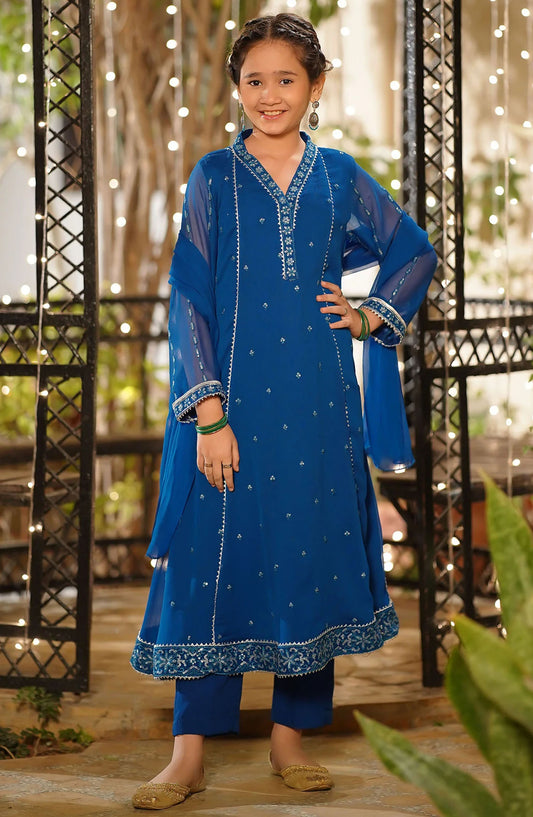 Chiffon Embroidered 3 Piece Suit - EM-58 - OCH25GFS - Blue - Casual Collection