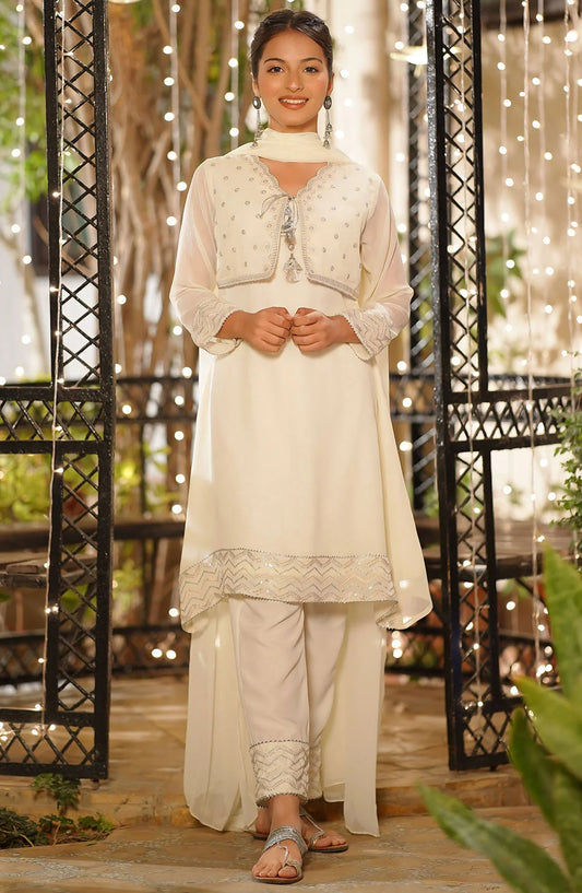 Chiffon Embroidered 3 Piece Suit - EM-56 - OCH25GFS - White - Casual Collection