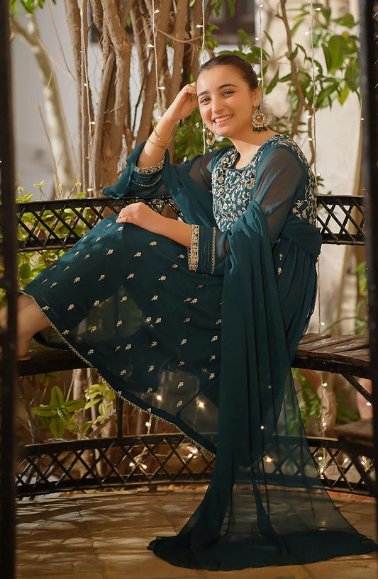 Chiffon Embroidered 3 Piece Suit - EM-54 - OCH25GFS - Green - Casual Collection