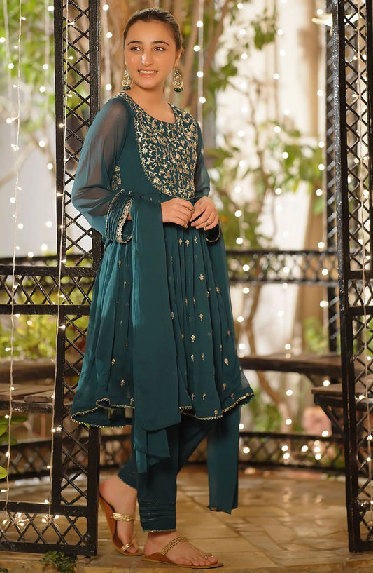 Chiffon Embroidered 3 Piece Suit - EM-54 - OCH25GFS - Green - Casual Collection