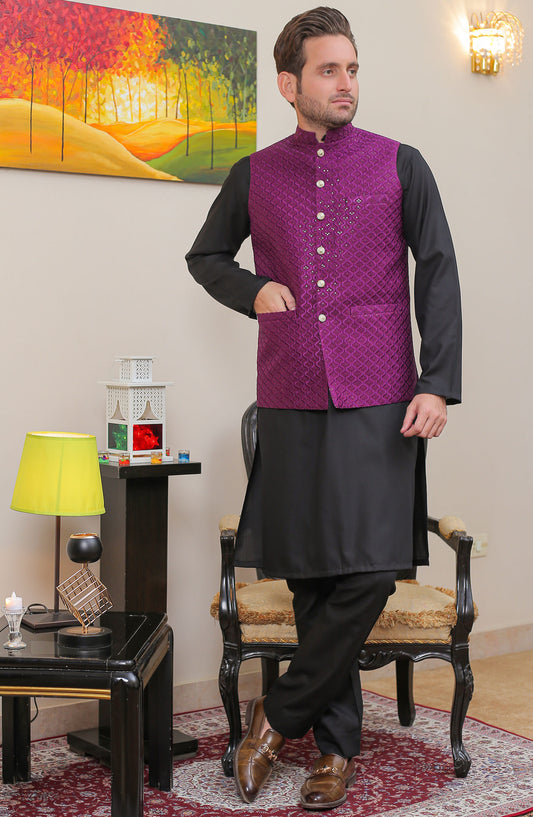 Real Image Mens Waist Coat - Purple - Raw Silk - RL25MWC - OW 18