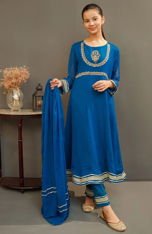 Chiffon Hand Adda Work 3 Piece Suit - MAX-29 - OCH25GFS - Blue - Casual Collection