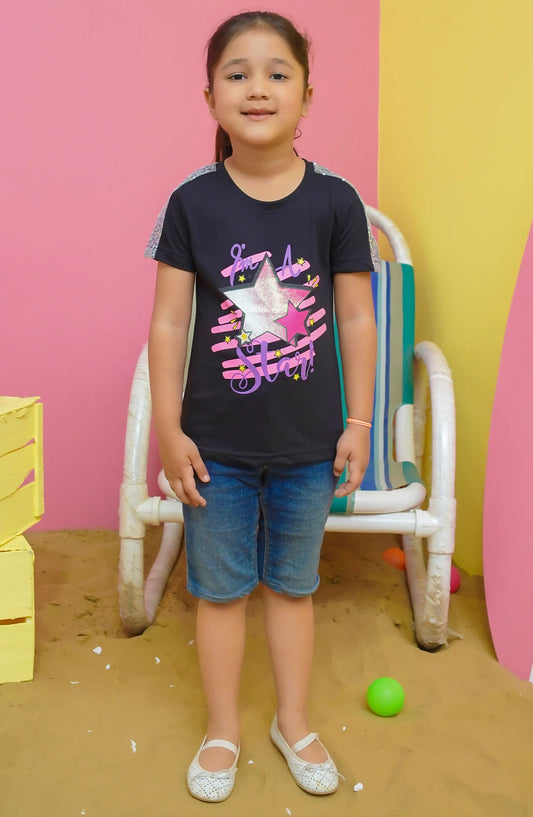 Modest Casual Jersey Stitched T-Shirt - GS2402-Blk Star Graphic Tee - Black - MOD25STS - Black - Casual Collection