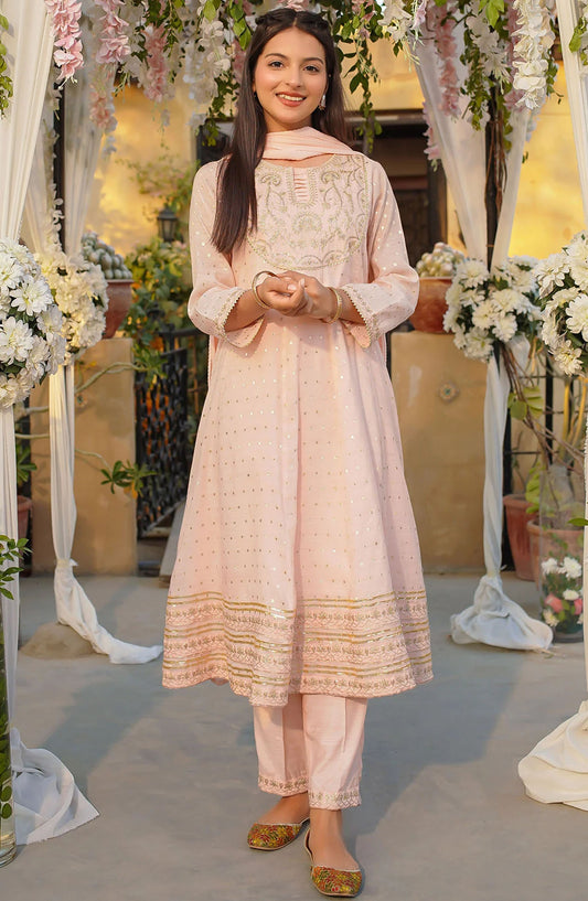 Slub Manar Embroidered 3 Piece Suit - MAX-27 - OCH25GFS - Peach - Casual Collection