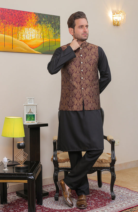 Real Image Mens Waist Coat - Maroon Blk - Jamawar - RL25MWC - OWP 20