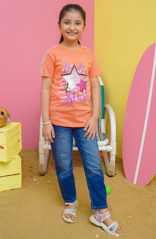 Modest Casual Jersey Stitched T-Shirt - GS2402-Crl Star Graphic Tee - MOD25STS - Peach - Casual Collection