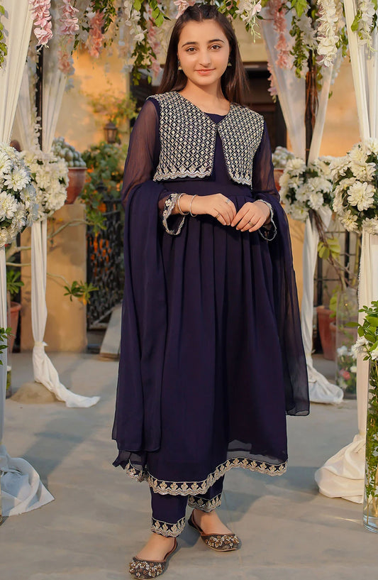 Chiffon Embroidered 3 Piece Suit - MAX-26 - OCH25GFS - Blue - Casual Collection