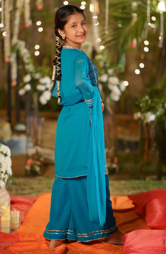 Chiffon Embroidered 3 Piece Suit - EM-55 - OCH25GFS - Blue - Casual Collection
