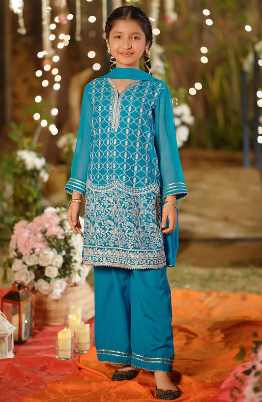 Chiffon Embroidered 3 Piece Suit - EM-55 - OCH25GFS - Blue - Casual Collection