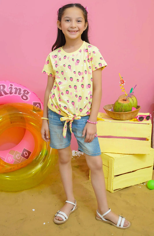 Modest Casual Jersey Stitched T-Shirt - GS2404-Lim Strawberry Graphic Tee - Lime - MOD25STS - Yellow - Casual Collection