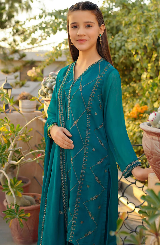 Chiffon Embroidered 3 Piece Suit - EM-52 - OCH25GFS - Green - Casual Collection