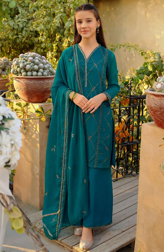 Chiffon Embroidered 3 Piece Suit - EM-52 - OCH25GFS - Green - Casual Collection