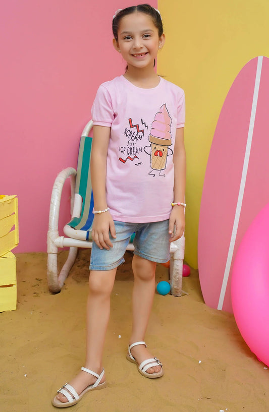 Modest Casual Jersey Stitched T-Shirt - GS2405-Pnk Ice Cream Graphic Tee - Pink - MOD25STS - Pink - Casual Collection