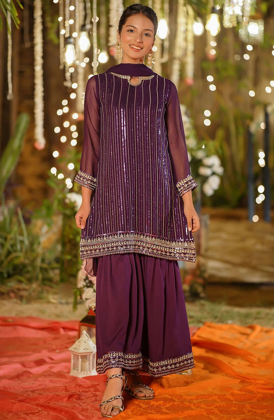 Chiffon Embroidered 3 Piece Suit - EM-47 - OCH25GFS - Purple - Casual Collection