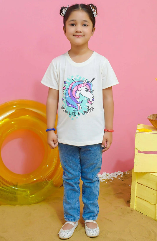 Modest Casual Jersey Stitched T-Shirt - GS2407-Crm Unicorn Graphic Tee - MOD25STS - White - Casual Collection