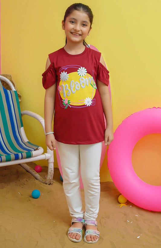 Modest Casual Jersey Stitched T-Shirt - GS2410-Mar Bloom Graphic Tee - Maroon - MOD25STS - Red - Casual Collection