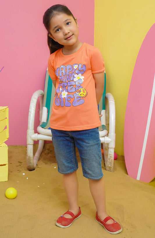 Modest Casual Jersey Stitched T-Shirt - GS2412-Crl Happy Life Graphic Tee - MOD25STS - Peach - Casual Collection