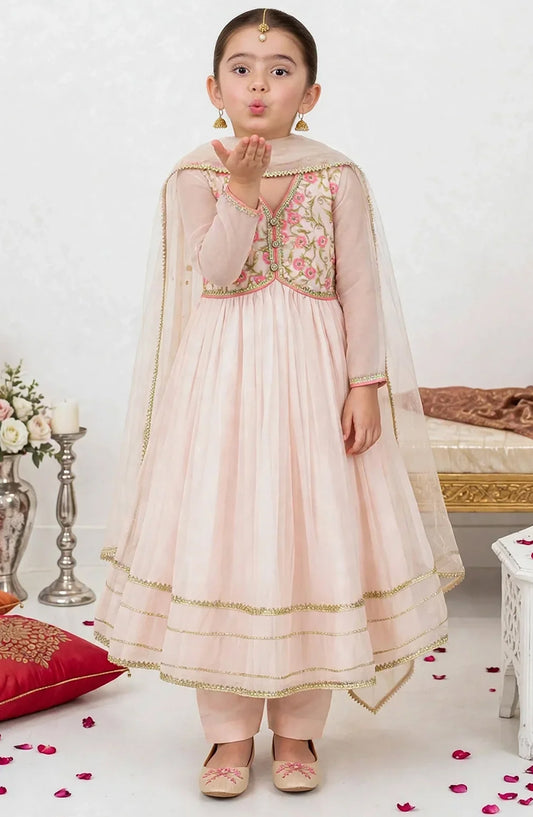 3 Piece Chiffon Peach Embroidered Frock A011-Pch - Chiffon - MOD26TWF - Festive Collection