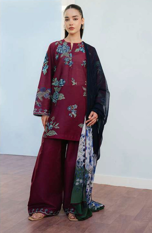 Coco by Zara Shahjahan Embroidered Lawn Unstitched 3 Piece Suit - D-04 B Freya - ZS25CL - Maroon - Summer Collection