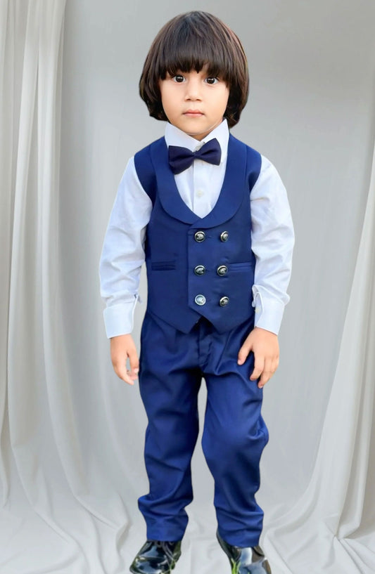 Exclusive Coat Pant Suit Collection By Hassan - 4pcs Blue suit (Waistcoat+Pant+Shirt+Bow) - CPW 006