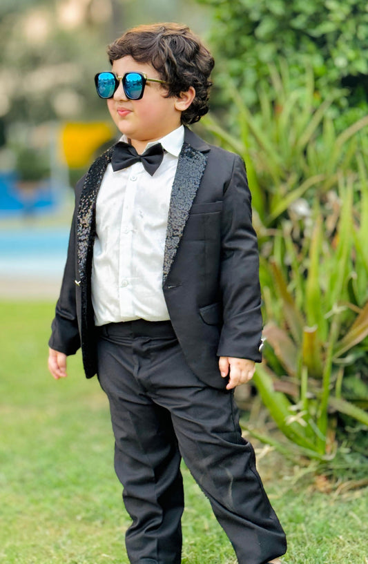 Exclusive Coat Pant Suit Collection By Hassan - 4pcs sequence Black suit (Coat+Pant+Shirt+Bow) - SCP 007