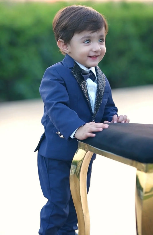 Exclusive Coat Pant Suit Collection By Hassan - 4pcs Sequence Blue suit (Coat+Pant+Shirt+Bow) - SCP 008