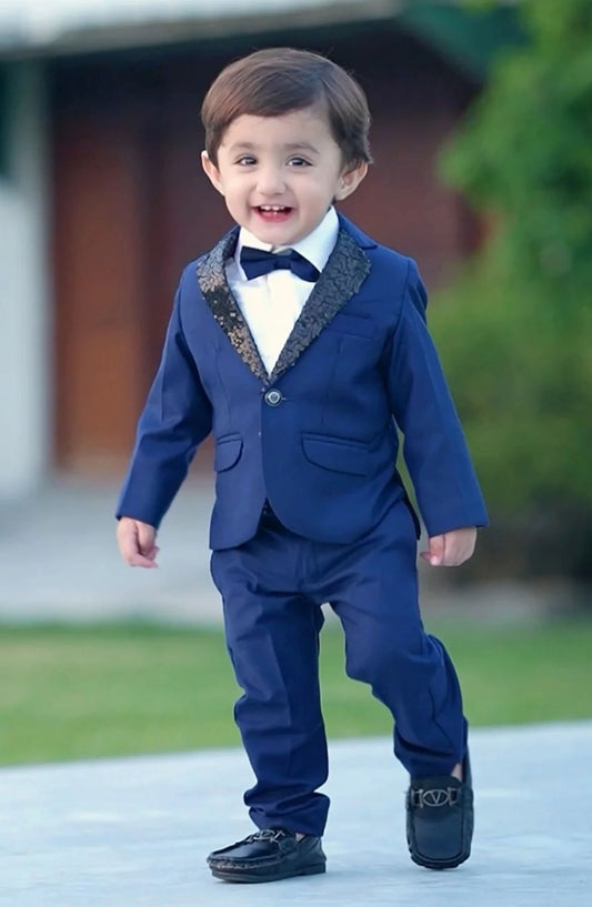 Exclusive Coat Pant Suit Collection By Hassan - 4pcs Sequence Blue suit (Coat+Pant+Shirt+Bow) - SCP 008